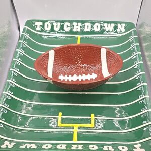 Boston Warehouse Ceramic Football Tray & Bowl Set Green Brown Sports Party